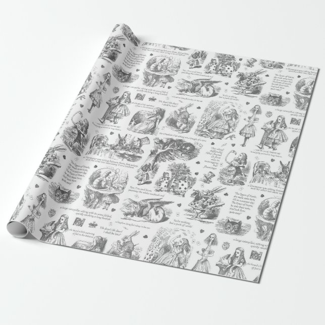 Papier Cadeau Alice in Wonderland Grey Toile Citations (Déroulé)