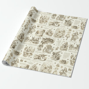 Papier Cadeau Alice in Wonderland Sepia Beige Toile Citations
