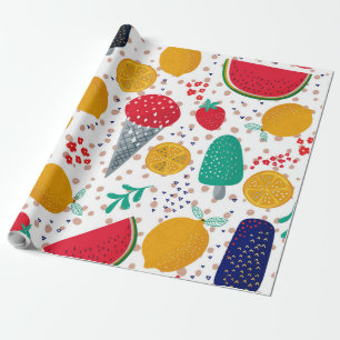 Papier Cadeau Aliments d'été colorés et fleurs motif