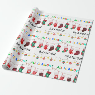 Papier Cadeau All Is Bright Christmas Nom personnalisé