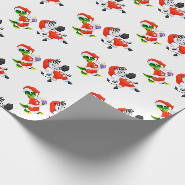 Papier Cadeau Alligators de Noël et zèbres à Père Noël (Coin)