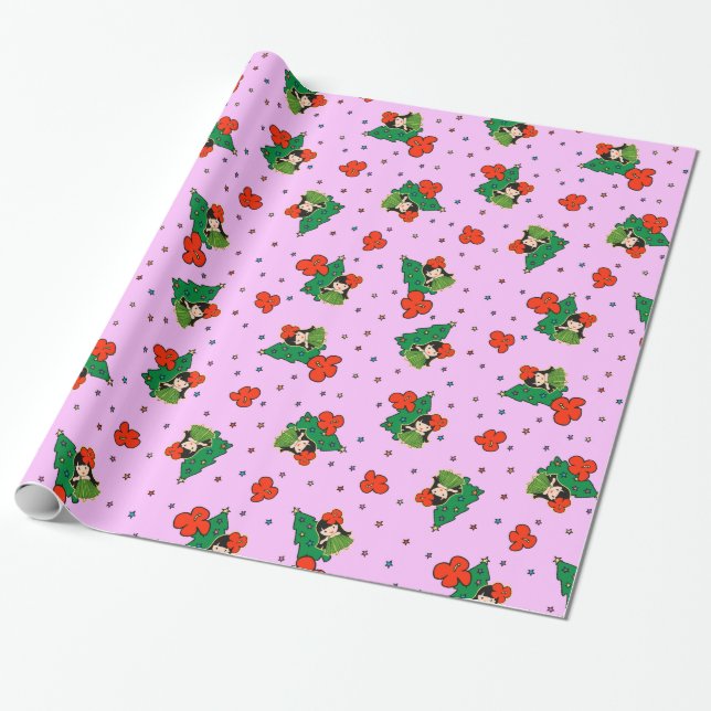 Papier Cadeau Aloha Honeys Noël Hawaiian Hula Girl Lilac (Déroulé)