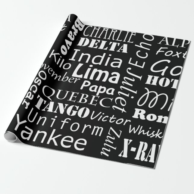 Papier Cadeau Alphabet phonétique Motif noir et blanc (Déroulé)