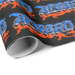 Papier Cadeau Alvaro prénom Graffiti blue orange