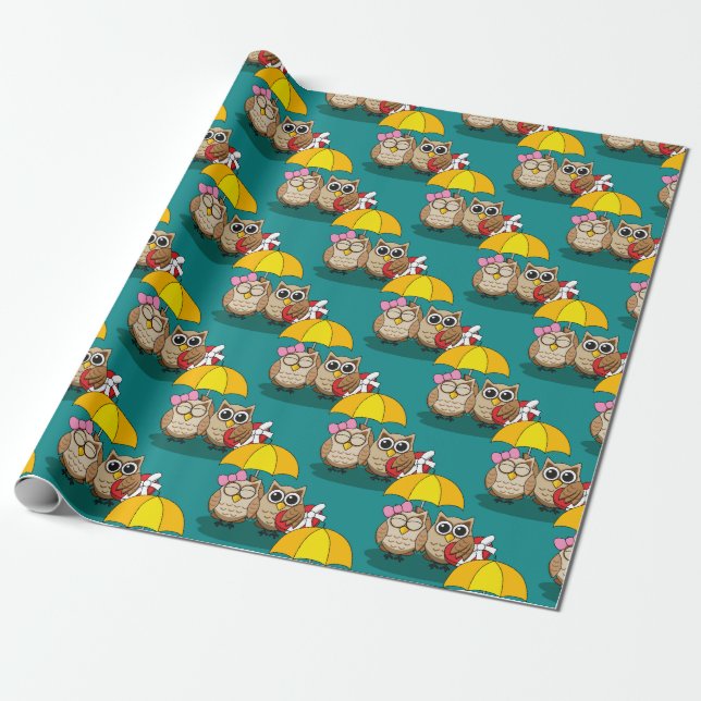 Papier Cadeau Amateurs de chouette avec parapluie et boîte de ch (Déroulé)