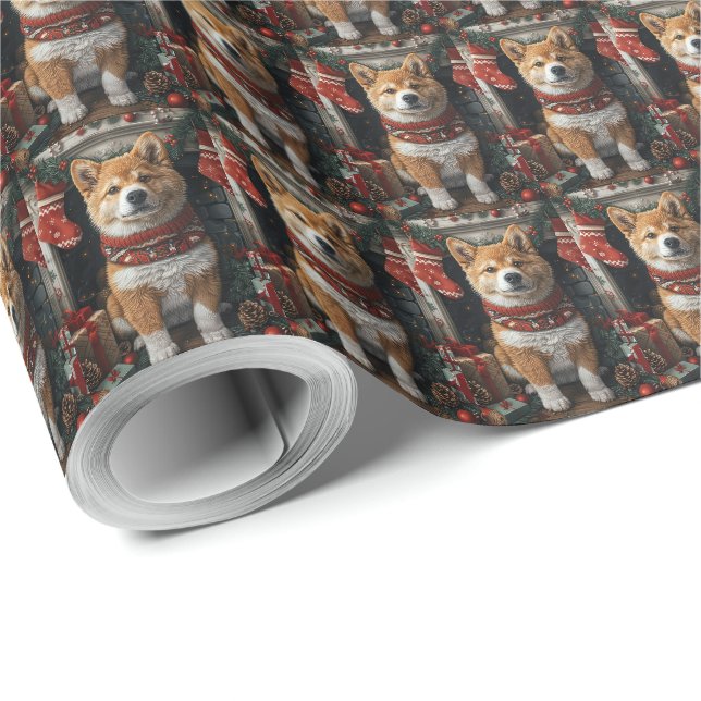 Papier Cadeau American Akita Avec Cheminée Cadeaux De Noël (Coin rond)