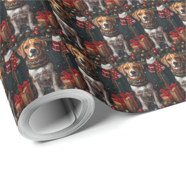 Papier Cadeau American English Foxhound Avec Cadeaux De Noël (Coin rond)