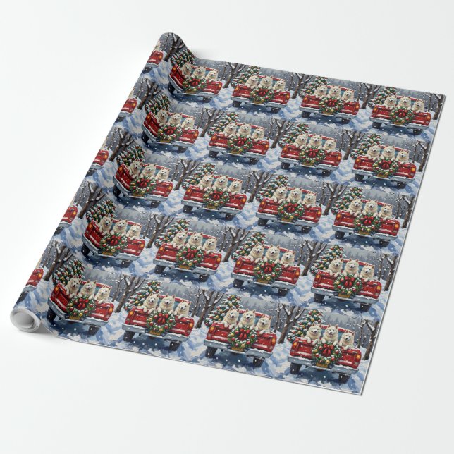 Papier Cadeau American Eskimo Dog Christmas Red Truck Holiday (Déroulé)