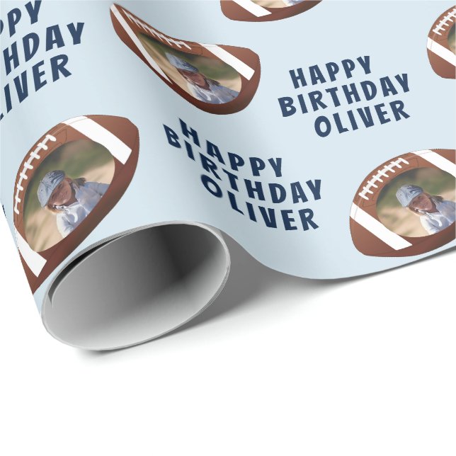 Papier Cadeau American Football Ball Happy Birthday Boy Photo (Coin rond)