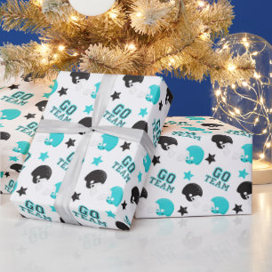 Papier Cadeau American Football Turquoise Blue et Black Motif