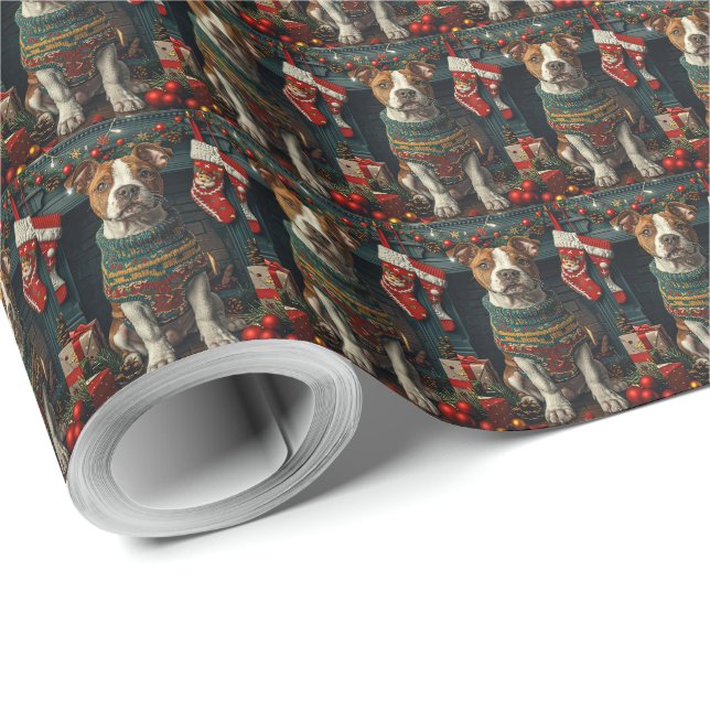 Papier Cadeau American Staffordshire Chien Avec Cadeaux De Noël (Coin rond)