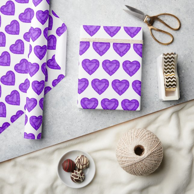 Papier Cadeau Améthyste coeur aquarelle art motif violet blanc (Artisanat)