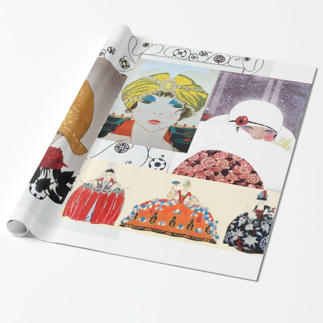 PAPIER CADEAU AMIE AVEC ROSE ROUGE, STUME DE BEAUTÉ ART DÉCO (Déroulé)