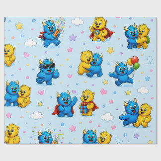 Papier Cadeau Amis de Monstres Ludiques Motif Étoiles et Nuages