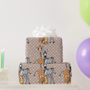 Papier Cadeau Amis de safari, girafe, zèbre, tigre