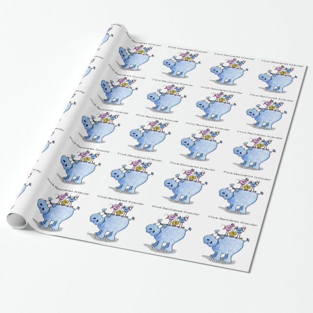 Papier Cadeau Amis en plumes fines - Hippo et oiseaux (Déroulé)