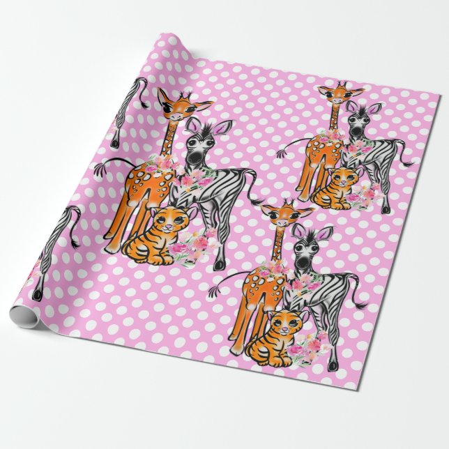 Papier Cadeau Amis Safari, girafe, zèbre, tigre, poka rose (Déroulé)