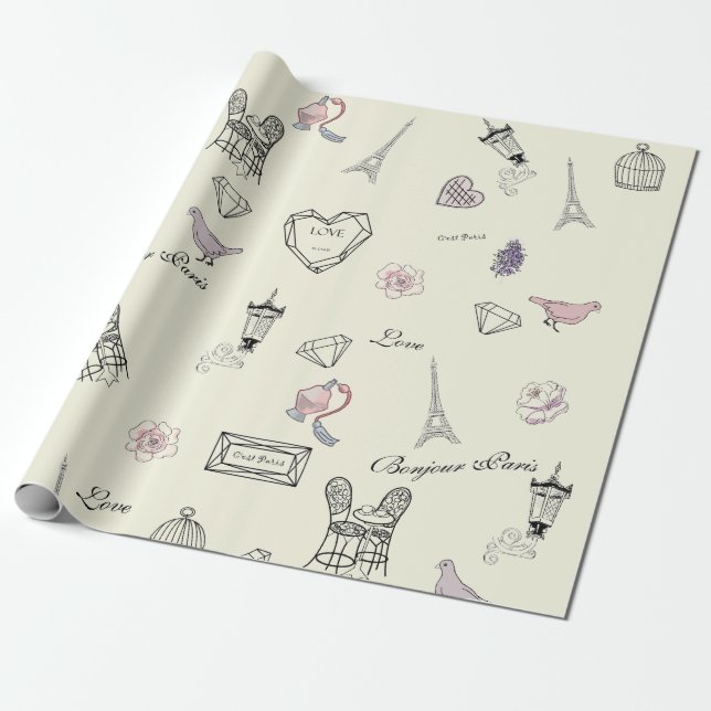Papier Cadeau Amour à Peris Bohemian Chic Floral Voyageurs fille (Déroulé)