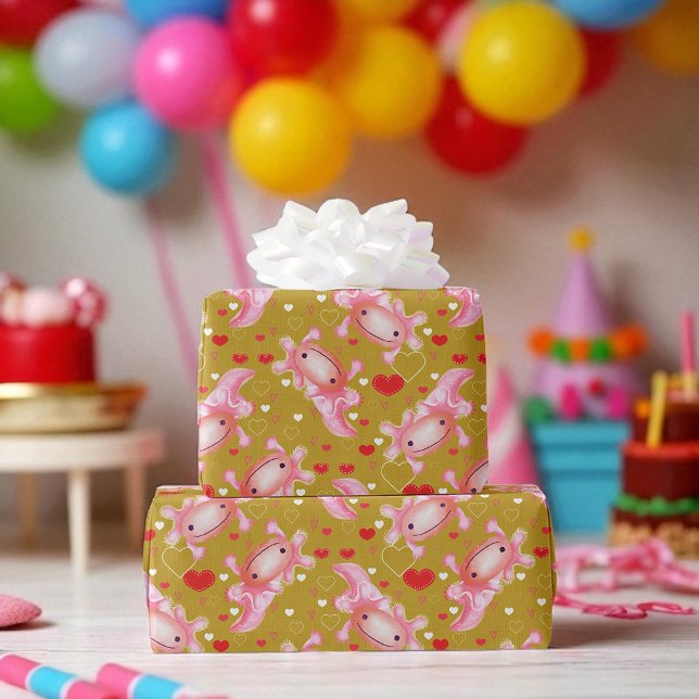 Papier Cadeau Amour Axolotl mignon, Coeurs roses, Cadeau amusant (Adorable axolotl & heart design quirky wrap for birthdays, Valentine’s, and cute celebrations.)