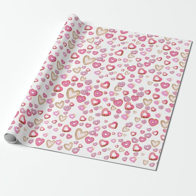Papier Cadeau Amour coeur beignets pâtisserie rose valentine (Déroulé)