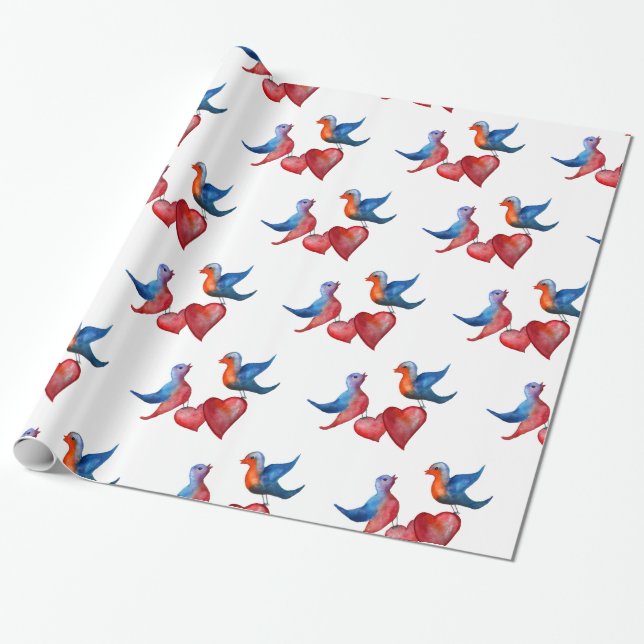 Papier Cadeau Amour, inséparables, papier d'emballage d'oiseaux (Déroulé)
