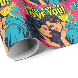Papier Cadeau Amour romantique Pop Art bleu magenta jaune 