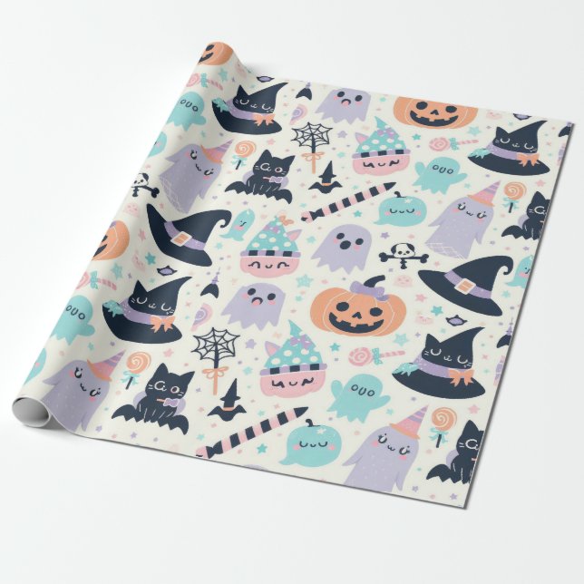 Papier Cadeau Amusant Halloween Pastel Motif (Déroulé)