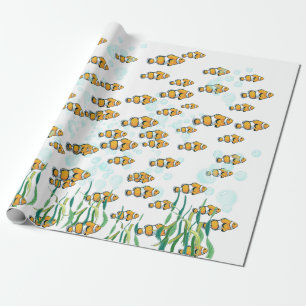 Papier Cadeau Amusant poisson clown orange blanc noir bulles ble