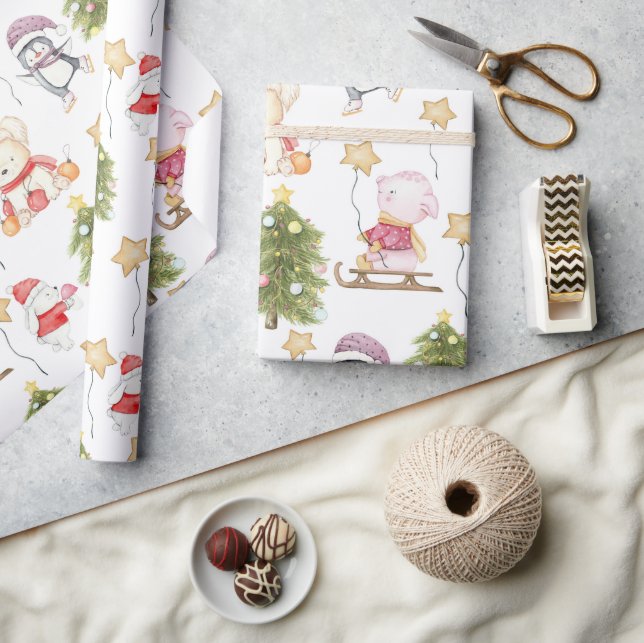 Papier Cadeau Amusants Bébé Animaux Étoiles Arbres Noël (Artisanat)