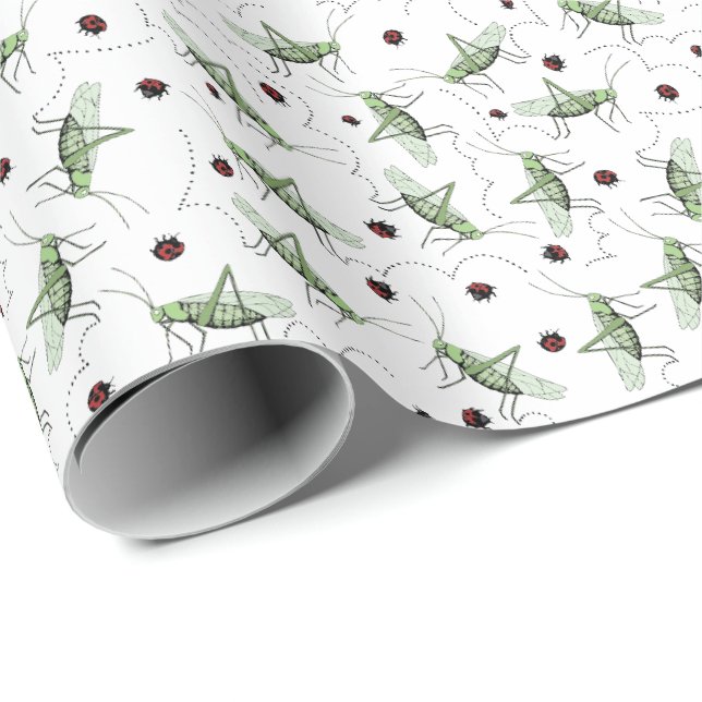 Papier Cadeau Amusants Grasshopper Bug Bonanza Cute Green & Red  (Coin rond)
