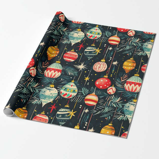 Papier Cadeau Amusants Rétro Arbre de Noël Ornements (Déroulé)