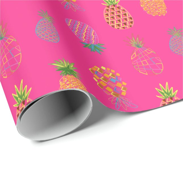 Papier Cadeau Ananas Abstrait de Neon sur sol rose (Coin rond)