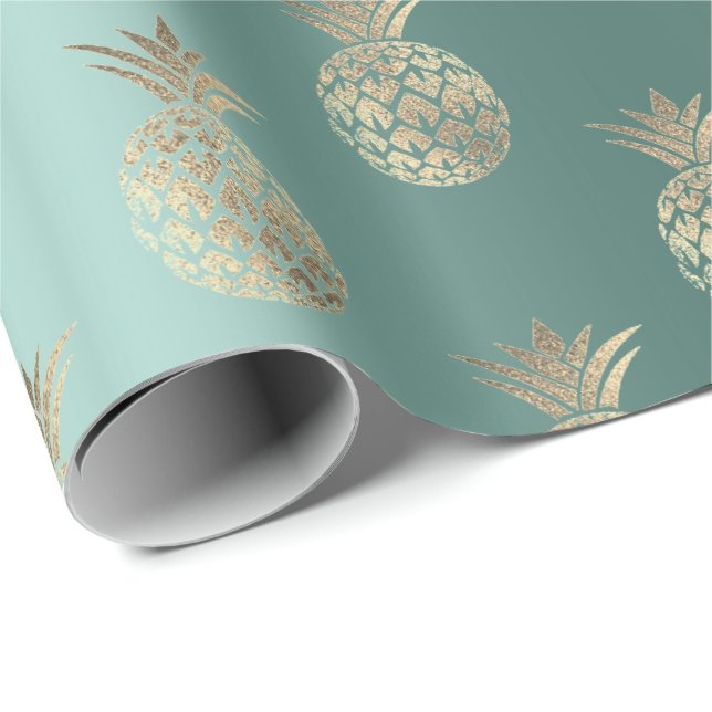 Papier Cadeau Ananas Fruit Faux Or Tropic Été Teal Vert (Coin rond)