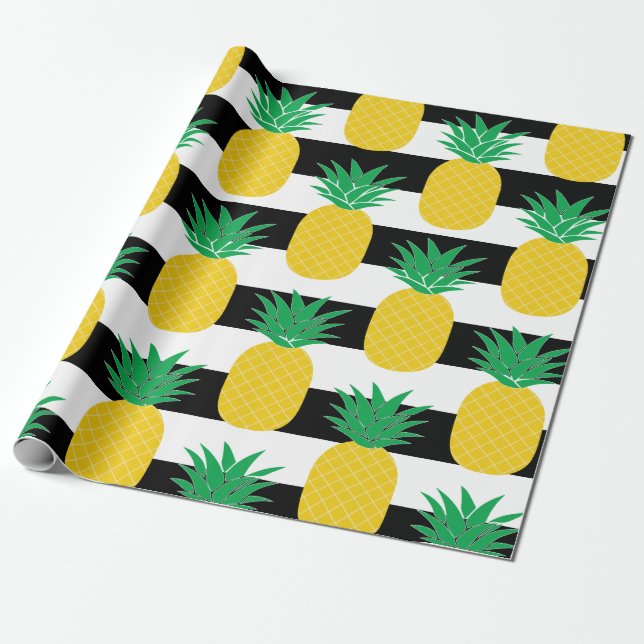 Papier Cadeau Ananas rayé noir et blanc Tropical (Déroulé)