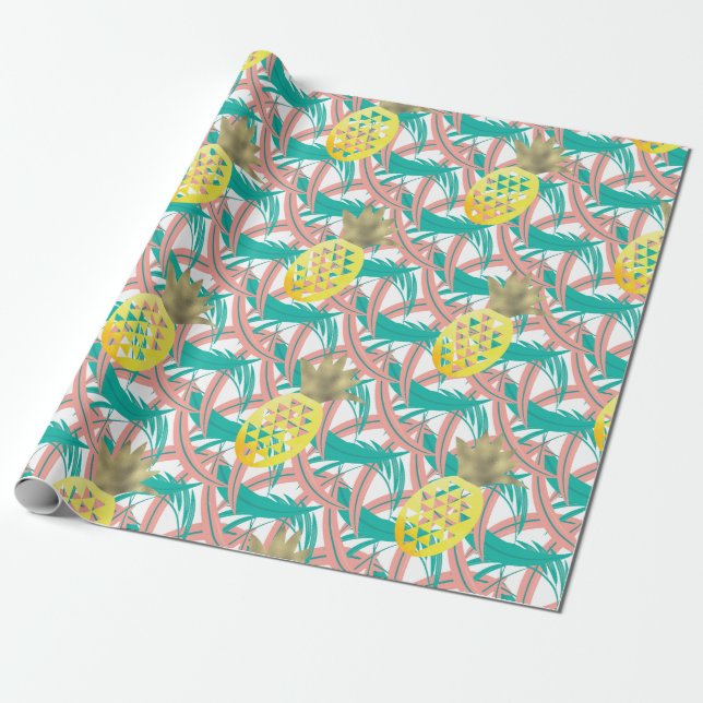 Papier Cadeau Ananas Tropical Multicolor Palm Feuille (Déroulé)
