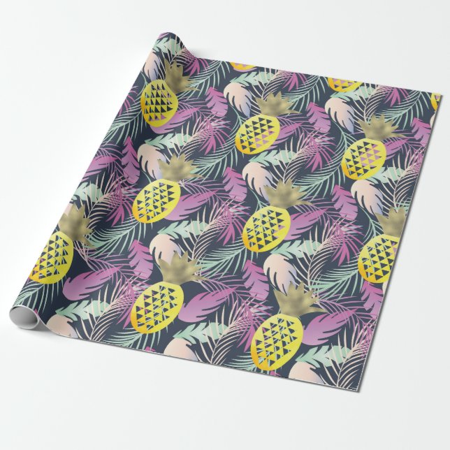 Papier Cadeau Ananas Tropical Multicolor Palm Feuille (Déroulé)