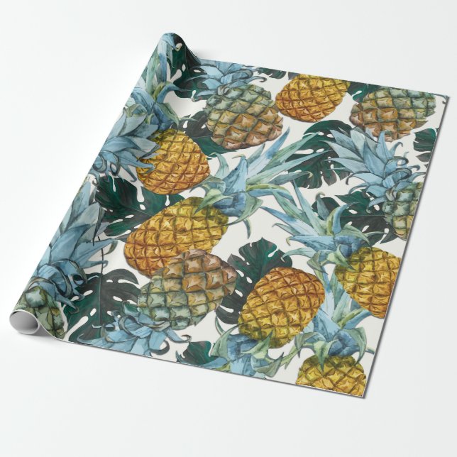 Papier Cadeau Ananas Tropicaux & Feuilles Fête d'Anniversaire Ex (Déroulé)