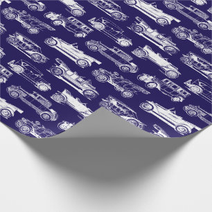 Papier Cadeau Ancien Motif de voiture marine bleu blanc Vintage