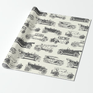Papier Cadeau Ancien Motif de voiture noir blanc Vintage