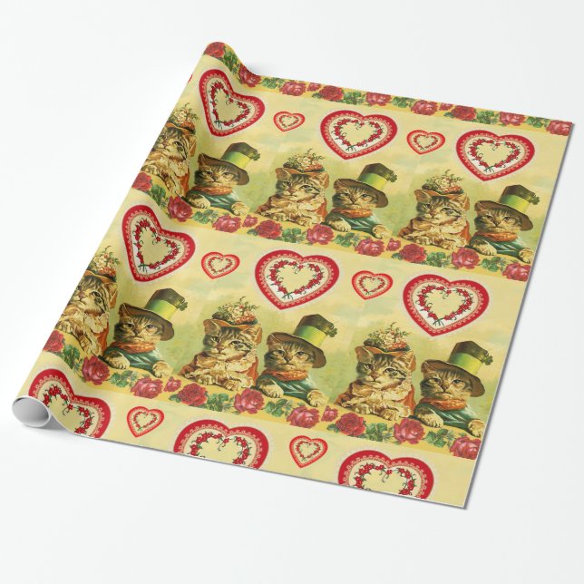 PAPIER CADEAU ANCIENNE MODE AMUSANTE VALENTINES JOURNÉE CHATS, C (Déroulé)
