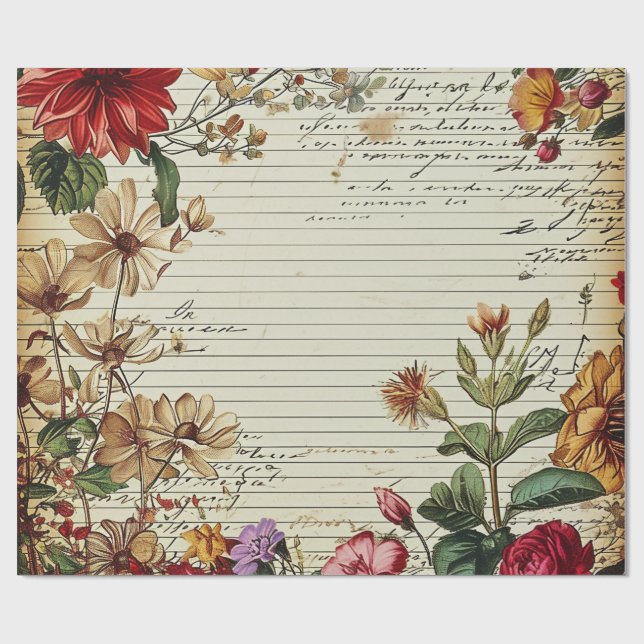 Papier Cadeau Anciennes lettres de fleurs de journal de junk (Plat)