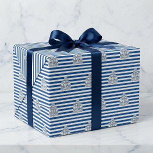 Papier Cadeau Ancrage nautique Anniversaire Bleu Cabane Rayures