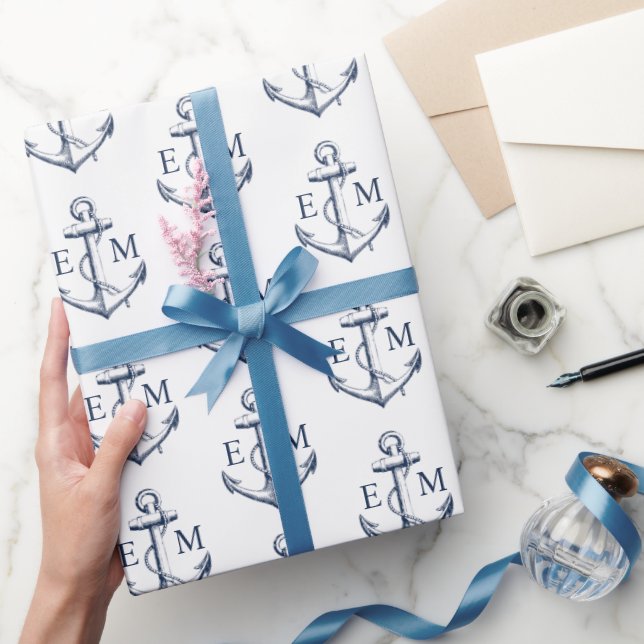 Papier Cadeau Ancre blanche de marine nautique Mariage de monogr (Cadeaux)