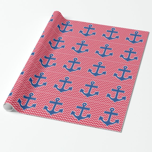 Papier Cadeau Ancre bleue nautique sur l'arrière - plan rouge de (Déroulé)
