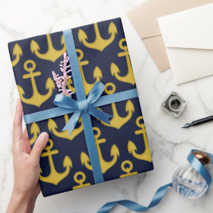 Papier Cadeau Ancre dorée sur fond bleu marine