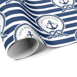 Papier Cadeau Ancre nautique et corde Nom du bateau Marine Bleu 