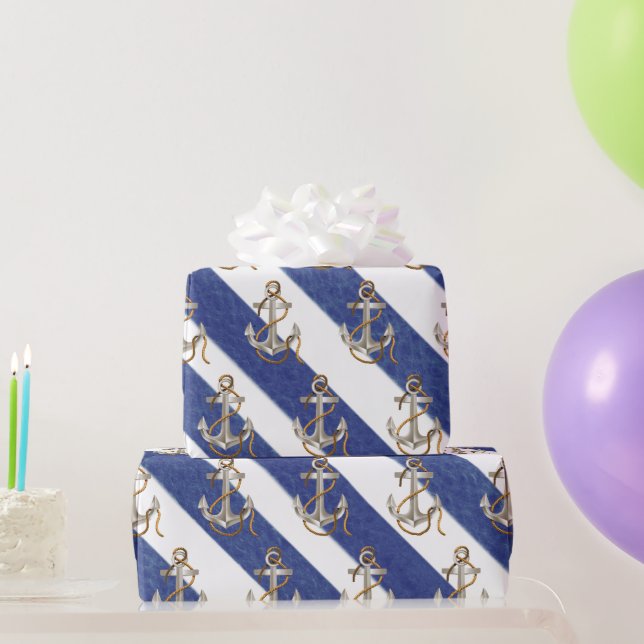 Papier Cadeau Ancre Nautique Sur Les Rayures D'Aquarelle (Cadeaux de fête)