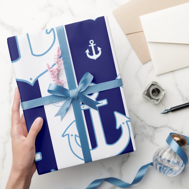 Papier Cadeau ancres blanches & rayures bleu marine, nautique (Cadeaux)