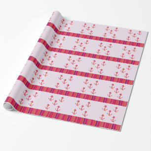 Papier Cadeau Ancres et rayures roses nautiques