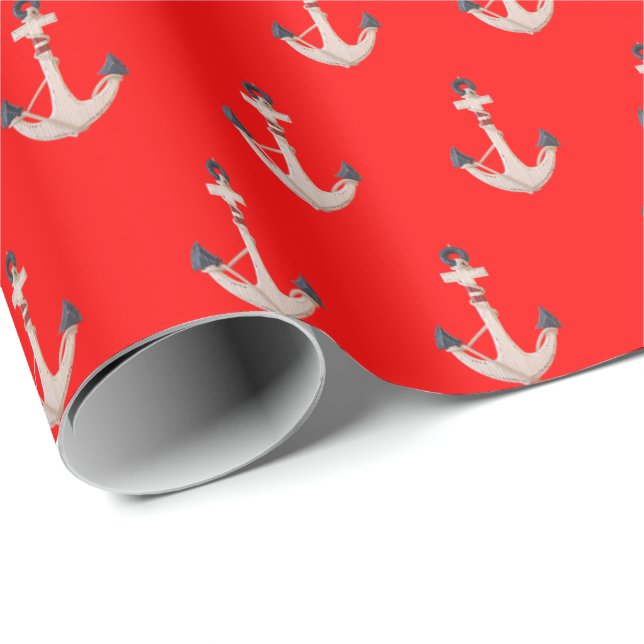 Papier Cadeau ancres nautiques sur rouge (Coin rond)